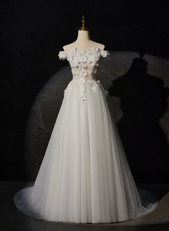 White Tulle with Lace Off Shoulder Long Wedding Party Dress, White Long Prom Dress Glittery Long Formal
