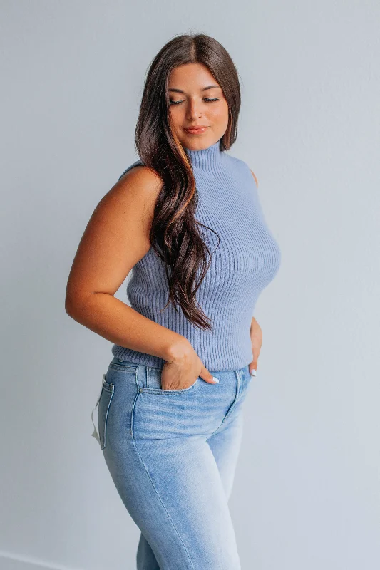 Sofi Knit Tank - Dusty Blue cold shoulder tank