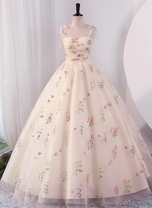 Ivory Floral Tulle Sweetheart Straps Long Party Dress, Ball Gown Sweet 16 Dress Tunics Handmade artisanal