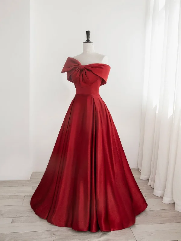 Red Sweetheart Long Prom Party Dress, Red Formal Dress with Bow empire Waist empire