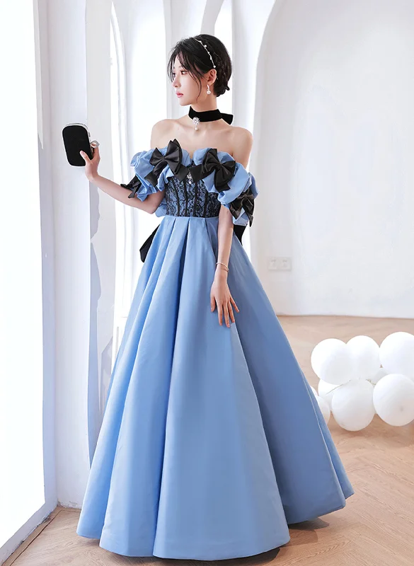 Blue Satin Sweetheart with Bow Long Party Dress, Blue A-line Prom Dress Evening Dress Tunics Seasonal trendy