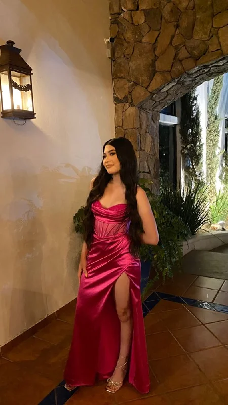Hot Pink Satin Mermaid Long Party Dress Graduation Dress, DP2852 High-Low Hemline Casual