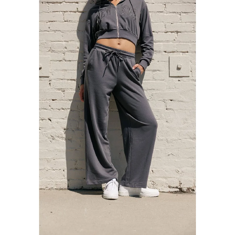 French Terry Wide Leg Pants With Waist Satin Contrast - Dark Grey Casual Skinny Fit Pants