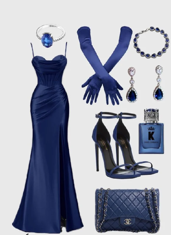 Navy Spaghetti Straps Mermaid Long Party Dress Elegant Birthday Party Dress, DP3625 Tunics Leisure comfortable