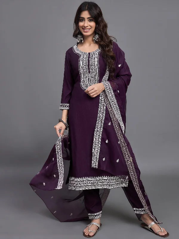 Women's Wine Silk Embroidered Kurta And Pant Set With Dupatta - Alvami Classic Chino Pants