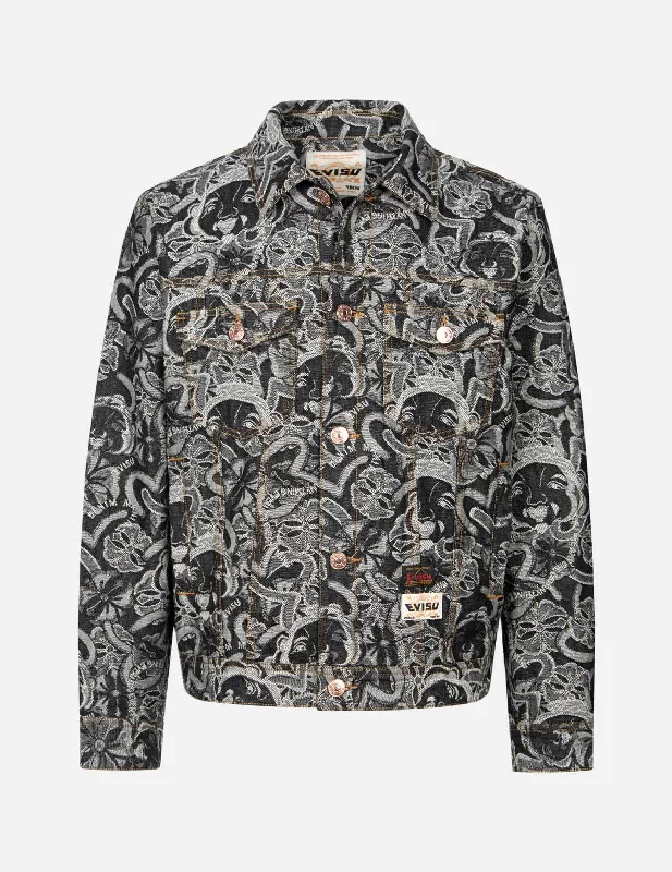 Allover Godhead and Kamon Jacquard Relax Fit Denim Jacket V-Neck Jacket Boat Neck Jacket Square Neck Jacket
