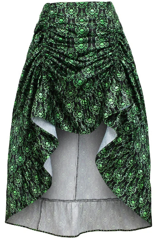 Green & Black Skull Satin Adjustable High Low Skirt a-line skirt cut