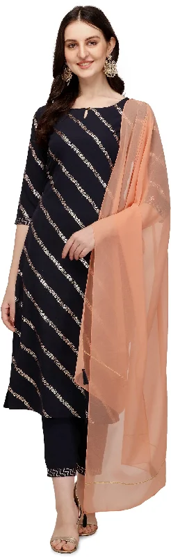 Women's Navy Blue Poly Crepe Straight Kurta Pant With Dupatta - Fiorra Warm Wool Trousers
