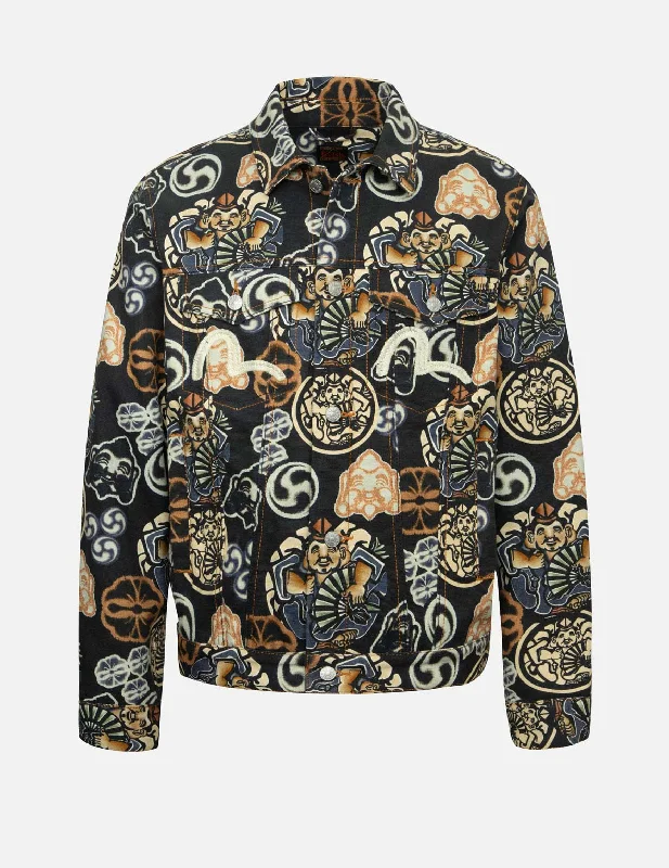 Allover Godhead and Kamon Print Regular Fit Jacket Hooded Jacket Caped Jacket Shawl Collar Jacket