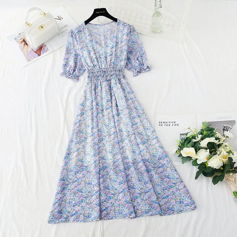 New French gentle V-neck Bubble Sleeve Chiffon fairy skirt  4876 linen skirt breathable