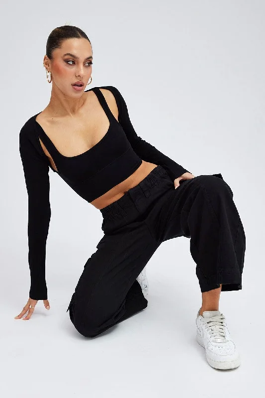 Black Cargo Pants Mid Rise Formal Linen Trousers