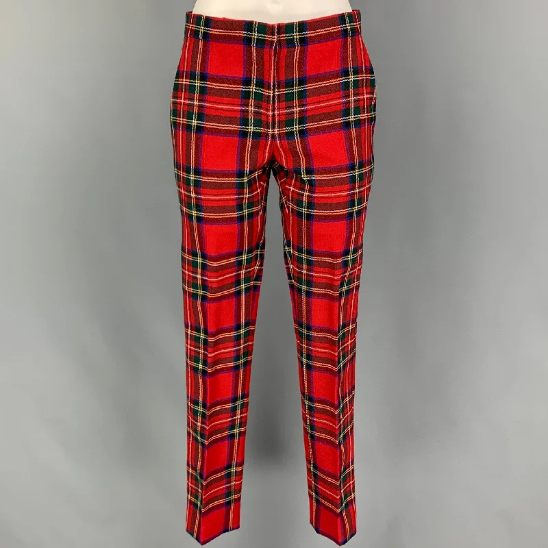 BURBERRY LONDON Size 2 Red Multi-Color Wool Plaid Tapered Dress Pants Stylish Paperbag Waist Pants