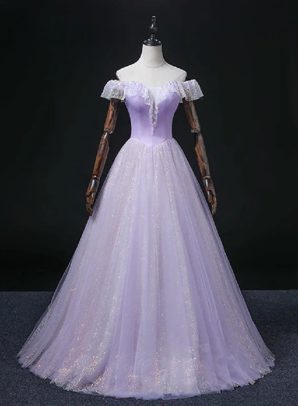 Lavender Tulle Sweetheart Off Shoulder Formal Dress, Long Party Dress Prom Dress Turtleneck Warm Winter