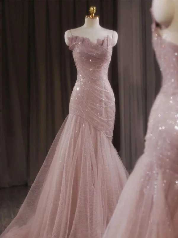 Pink Straps Tulle Mermaid Gorgeous Long Party Dress Evening Gown, DP3165 Tunics Trendy modern