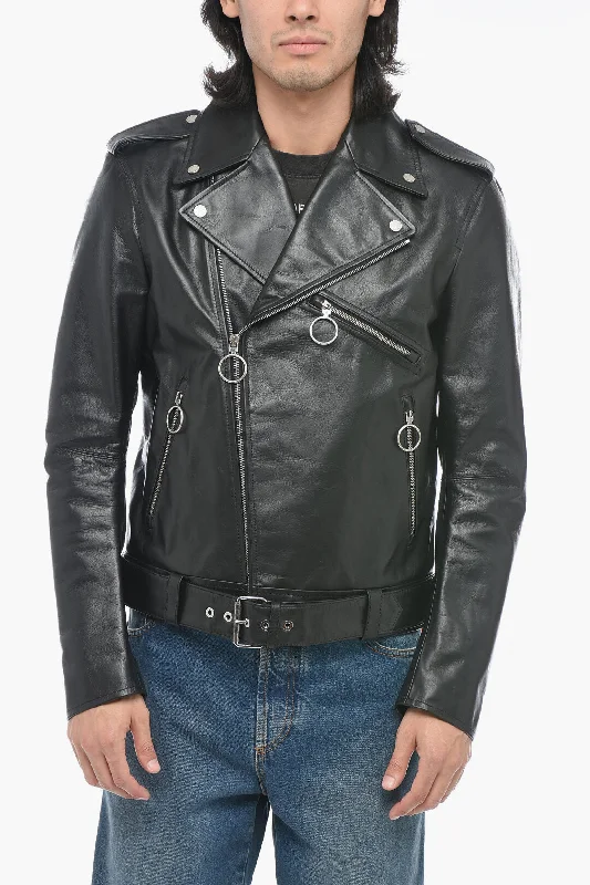 Off-White Leather ARROW Biker Jacket with Rear Graphic Print Boat Neck Shawl Collar Notched Collar Off-White Leather ARROW Biker Jacket with Rear Graphic Print Boat Neck Shawl Collar Notched Collar