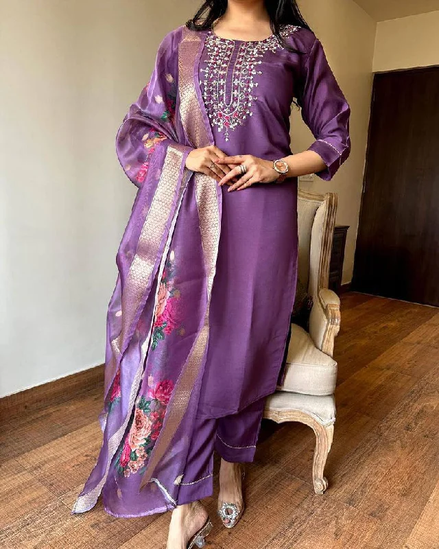 Women's Purple Viscose Chanderi Embroidery Worked Kurta With Pant And Duppata Set - Dwija Fashion Cozy Jogger Leggings