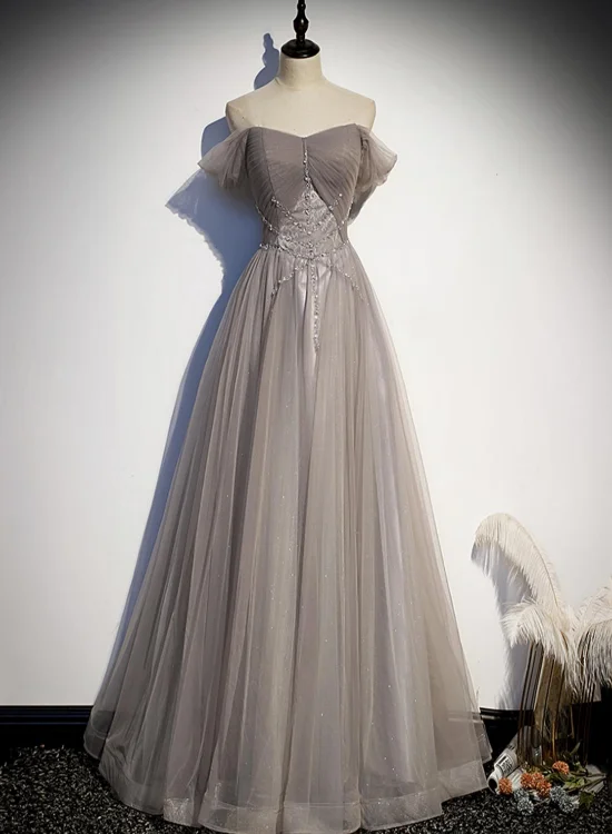 Beautiful Grey Beaded Sweetheart Long Evening Prom Dress, Grey Long Party Dress Pleated Skirt Elegant
