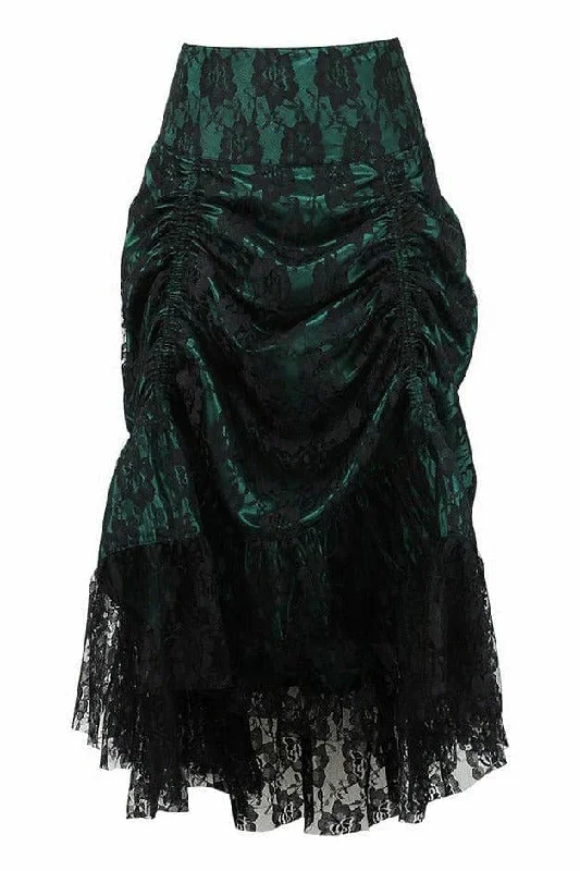 Dark Green w/Black Lace Overlay Ruched Bustle Skirt linen skirt natural