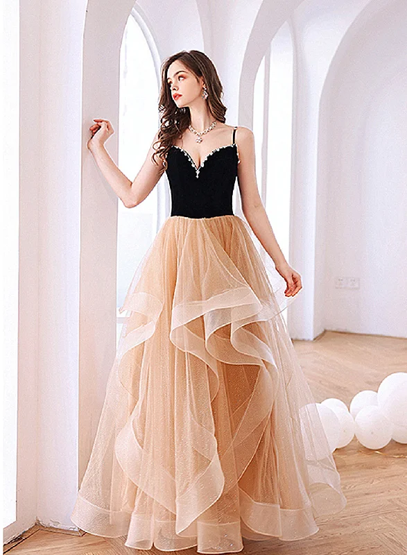 Champagne Layers Tulle with Velvet Straps Party Dress, Long Evening Gown Off-the-shoulder Chic Trendy