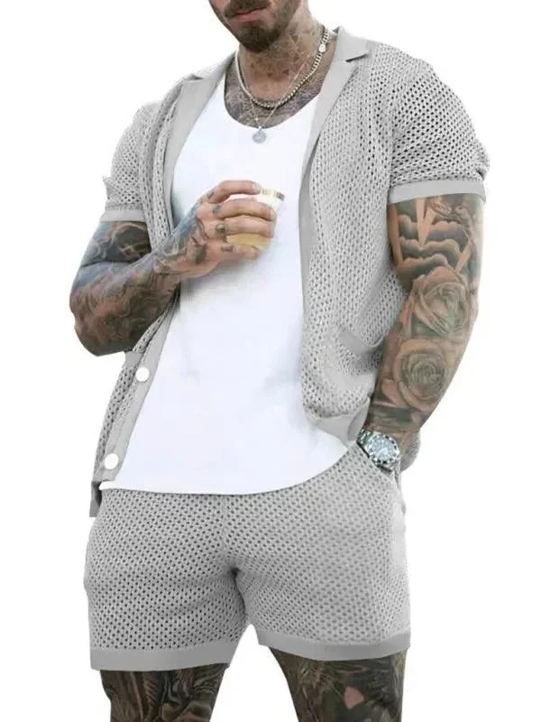 See-Through Short-Sleeved Men Cardigan Outfit Set Neon metallic Matte