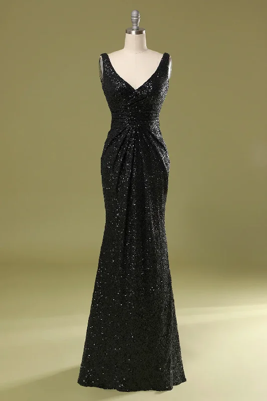 Black V Neck Sequins Mermaid Long Party Dress,DP1527 Tunics Bridal satin