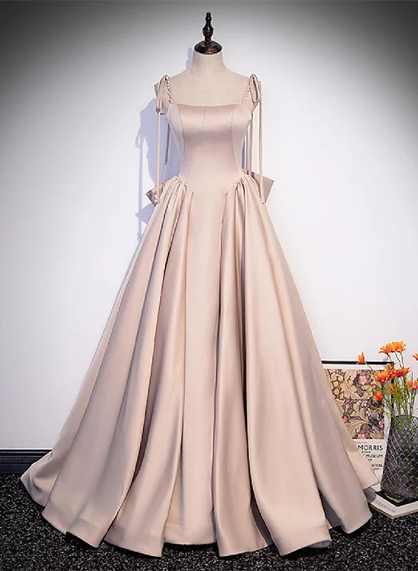 Pink Satin Scoop Long Party Dress with Bow, Straps Satin Evening Dress Party Dress Tunics Chic fashionable