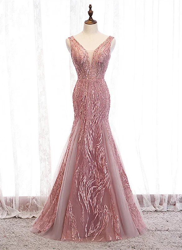 Pink Mermaid Lace and Tulle V-neckline Party Dress, Pink Floor Length Prom Dress Tunics Brand named