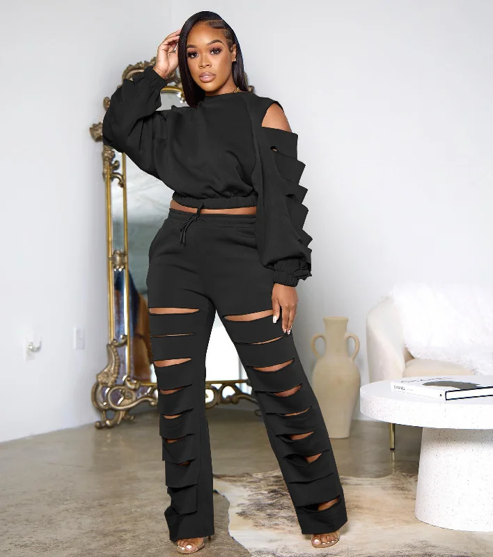 Women Fashion Solid Color Long-Sleeve Top And Pant 2PCS Set Elegant Palazzo Trousers
