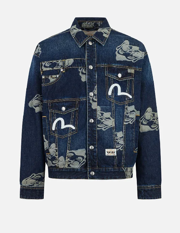 Allover Godhead Jacquard and Seagull Embroidery Loose Fit Deconstructive Denim Jacket Faux Fur Jacket Real Fur Jacket Shearling Jacket