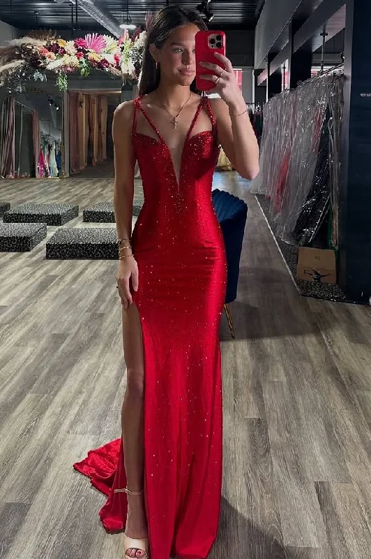 Red Mermaid Rhinestone V-Neck Side Slit Long Prom Party Dress Tunics Prom sequined