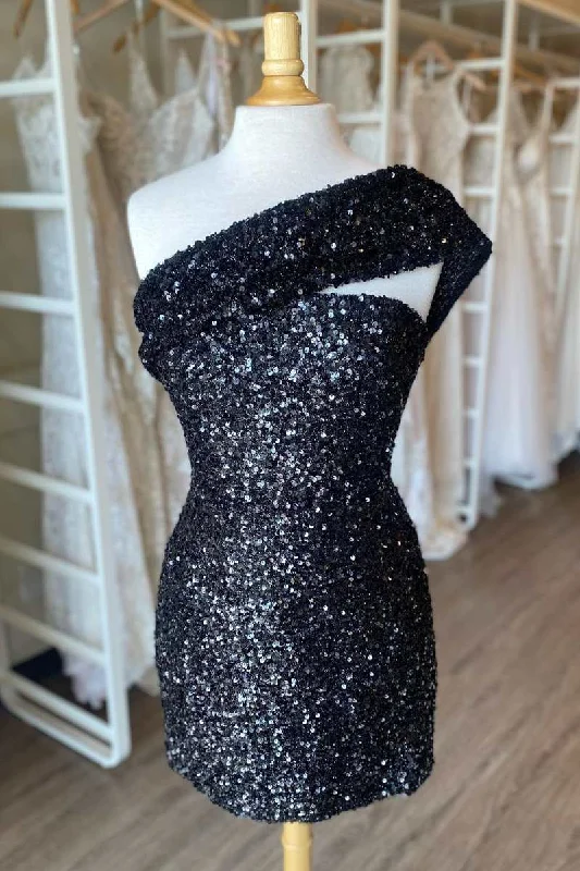 Black Sequin One-Shoulder Mini Party Dress Crew Neckline Sporty