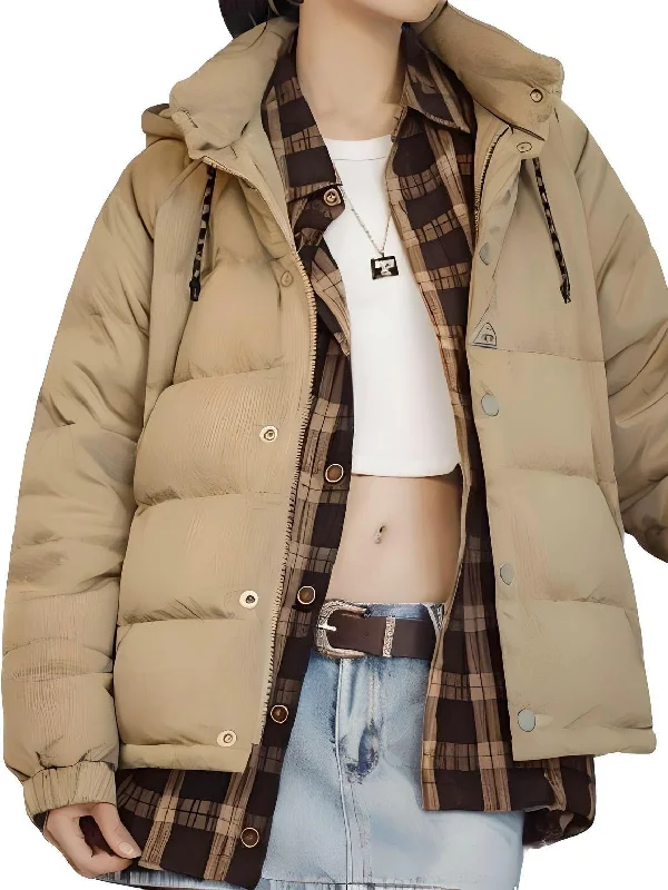 Women's Hooded Down Jacket 90 White Duck Down Hooded Jacket Top Winter Jacket Front Pockets Side Pockets Patch Pockets