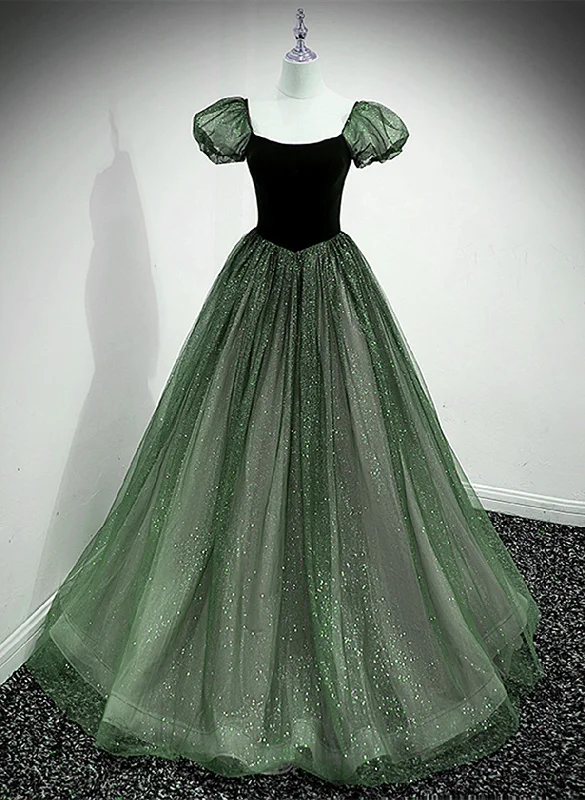 Green Shiny Tulle Short Sleevse Long Formal Dress, Green A-line Prom Dress Party Dress High-Low Hemline Casual