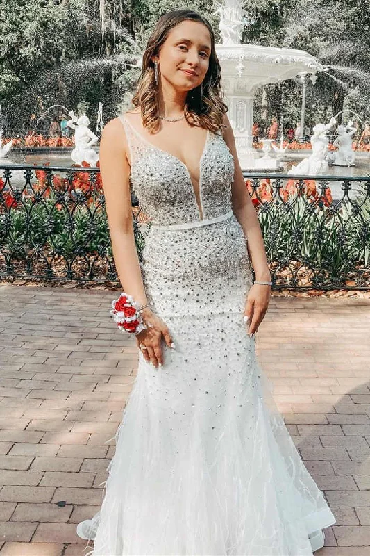 White Backless Beading Mermaid Formal Party Dress with Feather,DP1295 Tunics Recommended stylist