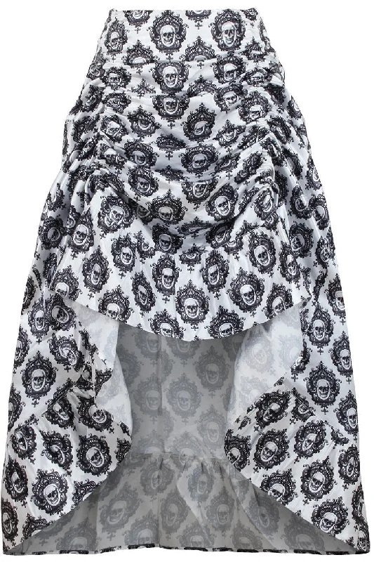 White & Black Skull Satin Adjustable High Low Skirt denim skirt trendy