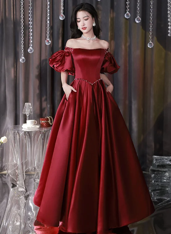 Wine Red Satin Beaded Puffy Sleeves Long Party Dress, Wine Red Long Prom Dress Tunics Bestseller popular