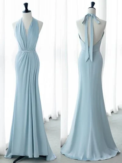 Light Blue Halter Backless Mermaid Long Party Dress with Pearls,DP1886 Tunics Silk luxurious