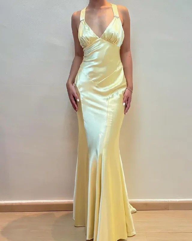 Light Yellow V Neck Vintage Mermaid Long Party Dress, DP2448 Tunics Floral girly