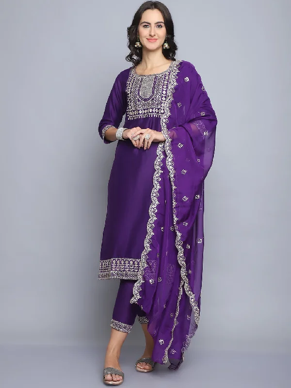 Women's Purple Embroidery Silk Kurta And Pant Set With Dupatta - Alvami Slim-Fit Khaki Pants