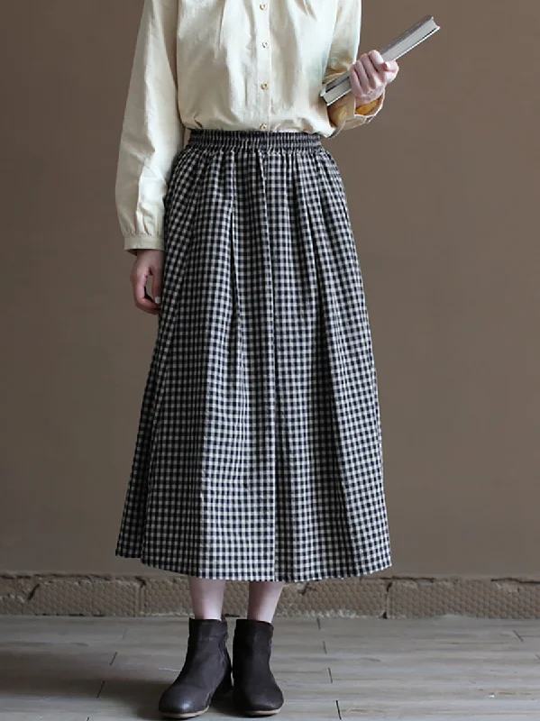 Women Summer Vintage Plaid A-Shape 100%Cotton Skirt a-line skirt cut