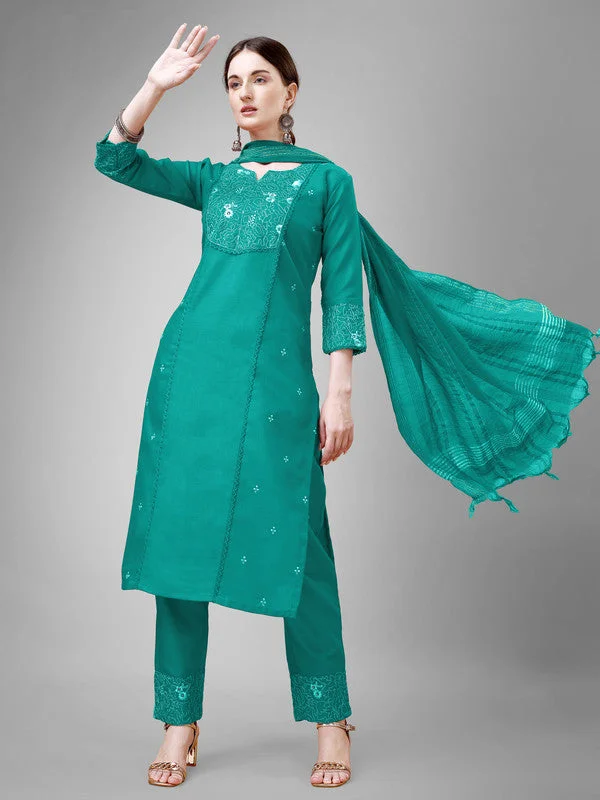 Women's Embroidered Cotton Blend Kurta Pant Dupatta Set - Malishka Export Formal Wide-Leg Pants