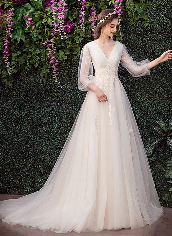 Ivory Tulle V-neckline Long Sleeves A-line Prom Dress, Ivory Tulle Wedding Party Dress Boat Neckline Classic
