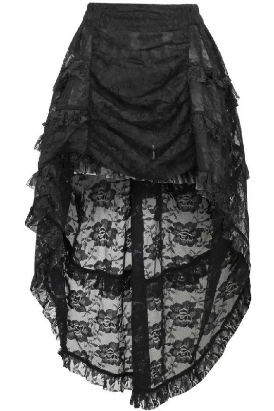 Black Lace Ruched Front High Low Lace Skirt spandex blend skirt