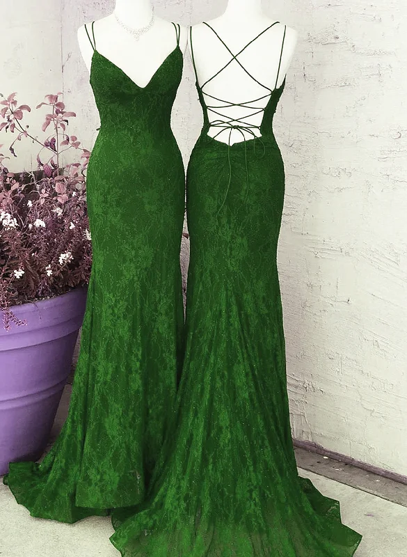 Green Lace Mermaid Straps Long Party Dress, Green Lace Wedding Party Dress Tunics Top Casual