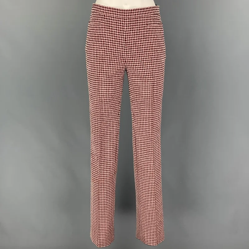 AKRIS Size 2 Burgundy Pink Viscose Blend Houndstooth Side Zipper Dress Pants Relaxed High-Waist Trousers