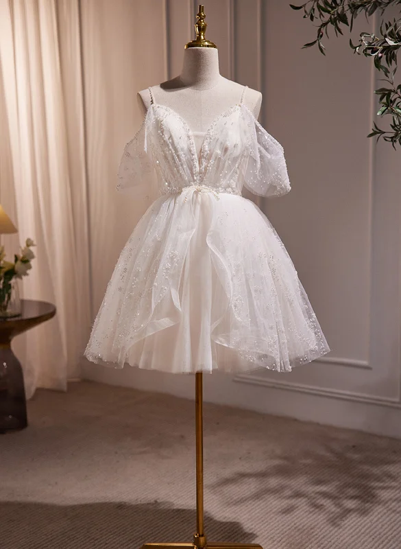Ivory Knee Length V-neckline Beaded Straps Party Dress, Ivory Homecoming Dress Tunics Bridal satin