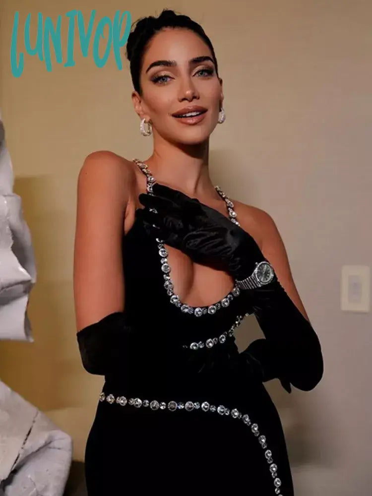 Lunivop New Women Luxury Sexy Backless Sequined Sparkly Split Black Midi Bodycon Bandage Dress Elegant Evening Club Party Dress Sequined Elegant Party