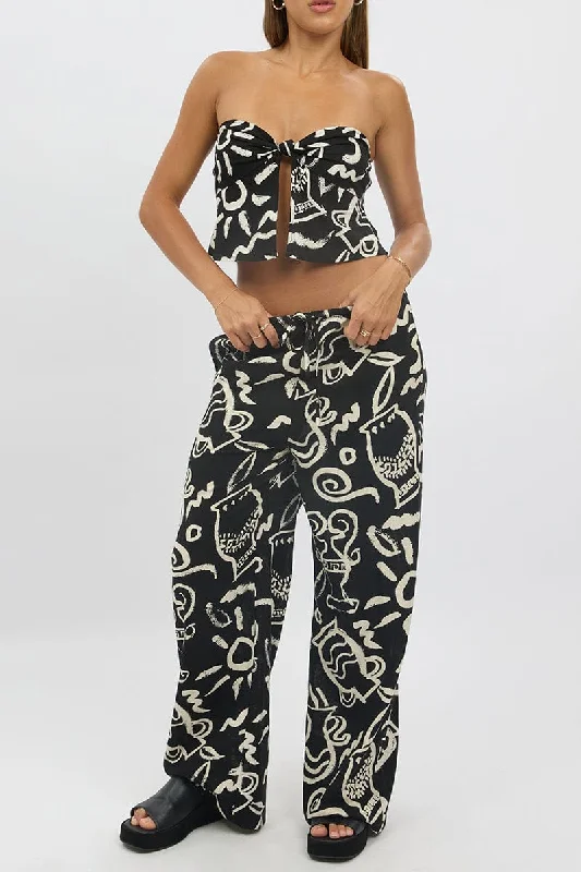 Black Abstract Wide Leg Pants High Rise Cozy Jogger Leggings