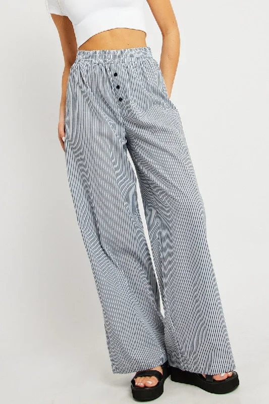 Black Stripe Wide Leg Pants Elasticated Waist Soft Stretch Leggings
