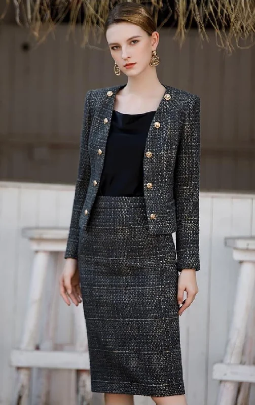 Black Tweed Button-up Jacket and Skirt Set Notch Collar Peter Pan Collar Cowl Neck